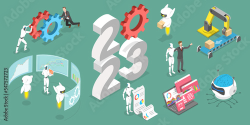 3D Isometric Flat Vector Conceptual Illustration of New Year 2023 And Robotic Process Automation Trends, RPA Innovation Technologies
