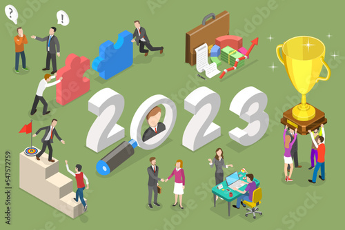 3D Isometric Flat Vector Conceptual Illustration of New Year 2023 And Employees Onboarding, HR Managment