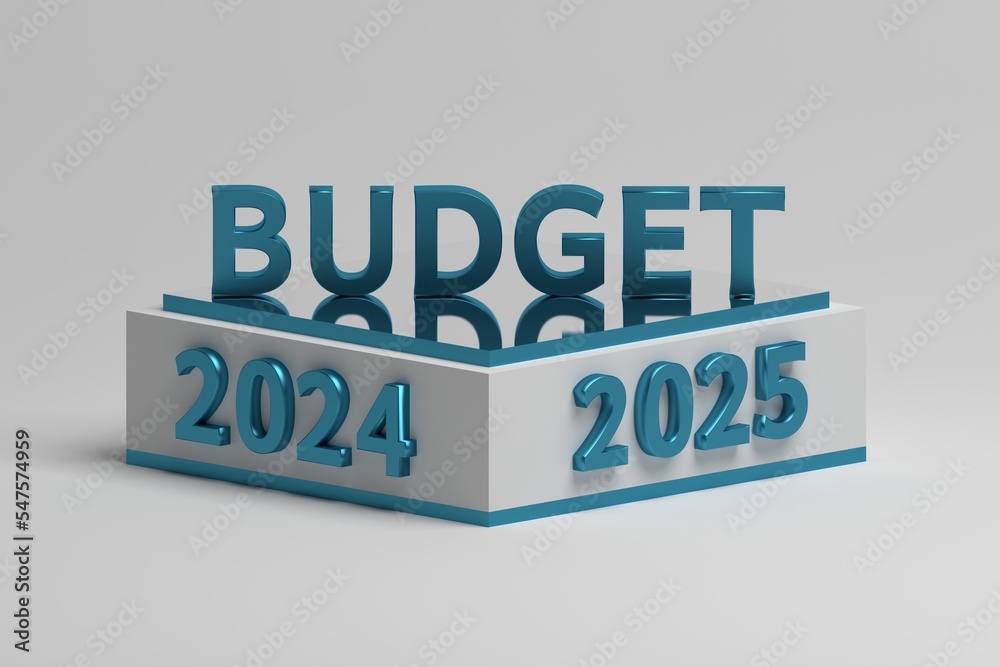 Business financial planning illustration with pedestal, large budget word and year 2024 and 2025