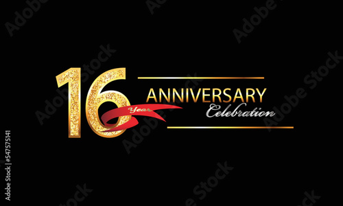 16 Year Anniversary celebration Vector Design. 16th Anniversary celebration. Gold Luxury Banner of 16th Anniversary celebration with red ribbon and glitter. Background celebration. Vector anniversary