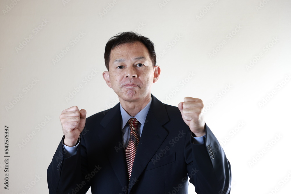 Middle-aged Japanese male businessman wearing navy blue suit on white background. Conceptual image of a project proposal, strategic business success and negotiation closing. Middle-aged Japanese male businessman wearing navy blue suit on white background. Conceptual image of a project proposal, strategic business success and negotiation closing.