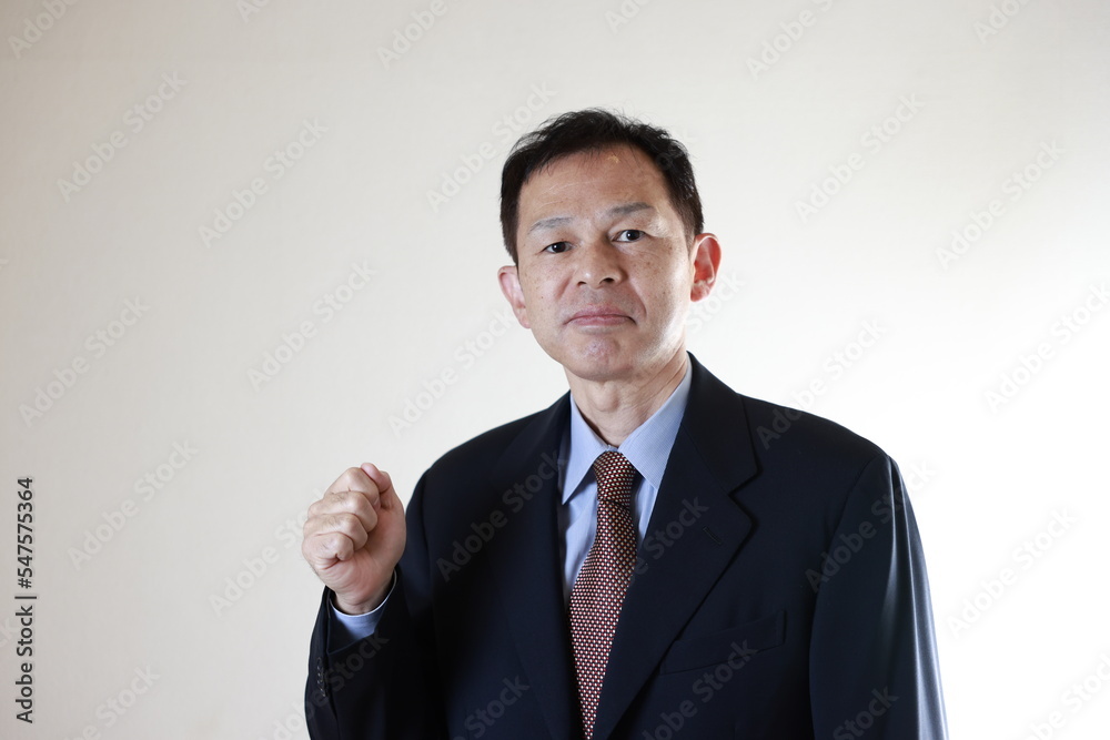 Middle-aged Japanese male businessman wearing navy blue suit on white background. Conceptual image of a project proposal, strategic business success and negotiation closing. Middle-aged Japanese male businessman wearing navy blue suit on white background. Conceptual image of a project proposal, strategic business success and negotiation closing.