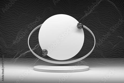 Mockup template with product presentation podium round circle and wired mesh in blqck and white colors photo