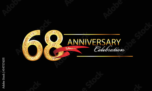 68 Year Anniversary celebration Vector Design. 68th Anniversary celebration. Gold Luxury Banner of 68th Anniversary celebration with red ribbon and glitter. Background celebration. Vector anniversary photo