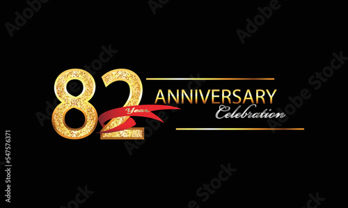 82 Year Anniversary celebration Vector Design. 82nd Anniversary celebration. Gold Luxury Banner of 82nd Anniversary celebration with red ribbon and glitter. Background celebration. Vector anniversary photo