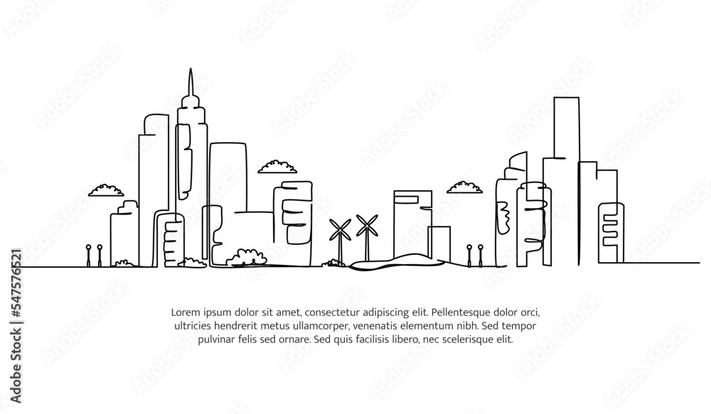 Cityscape line design. Beautiful city view. Decorative elements drawn one continuous line. Vector illustration of minimalist style on white background.