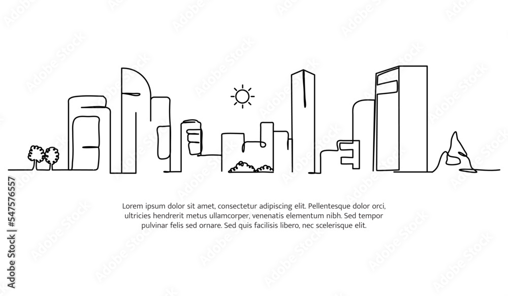 Cityscape line design. City view decorative elements drawn one continuous line. Vector illustration of minimalist style on white background.