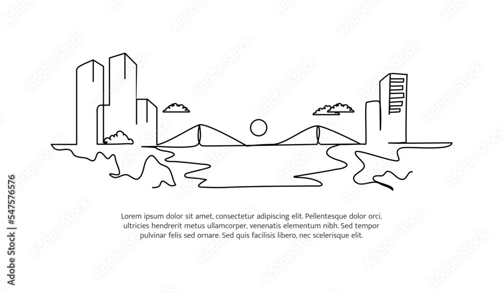 Cityscape line design. Beautiful seaside city view. Decorative elements drawn one continuous line. Vector illustration of minimalist style on white background.