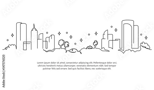 Cityscape line design. City view decorative elements drawn one continuous line. Vector illustration of minimalist style on white background.