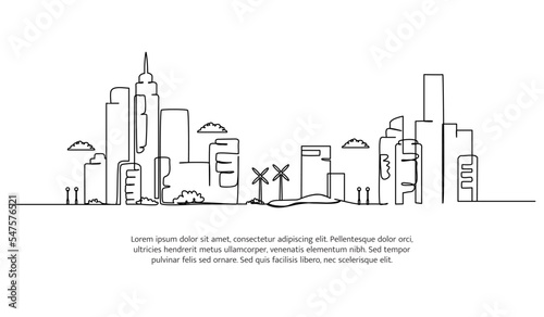 Cityscape line design. Beautiful city view. Decorative elements drawn one continuous line. Vector illustration of minimalist style on white background.