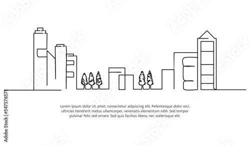 Cityscape line design. Beautiful green city view. Decorative elements drawn one continuous line. Vector illustration of minimalist style on white background.