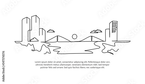 Cityscape line design. Beautiful seaside city view. Decorative elements drawn one continuous line. Vector illustration of minimalist style on white background.