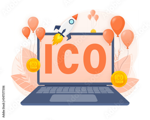 Initial coin offering, ICO Token production process vector illustration. Cryptocurrency trading desk, bitcoin futures, financial technology, blockchain ICO abstract metaphor.