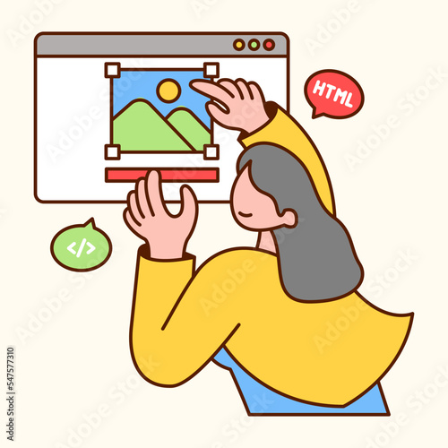 Female programmer arranging image layout on website. Programmer making website. Flat design modern vector illustration concept