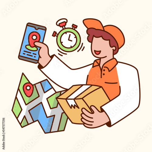 Delivery courier man holding package and smartphone. find the location of the recipient of the package. Flat design modern vector illustration concept. Flat design modern vector illustration concept