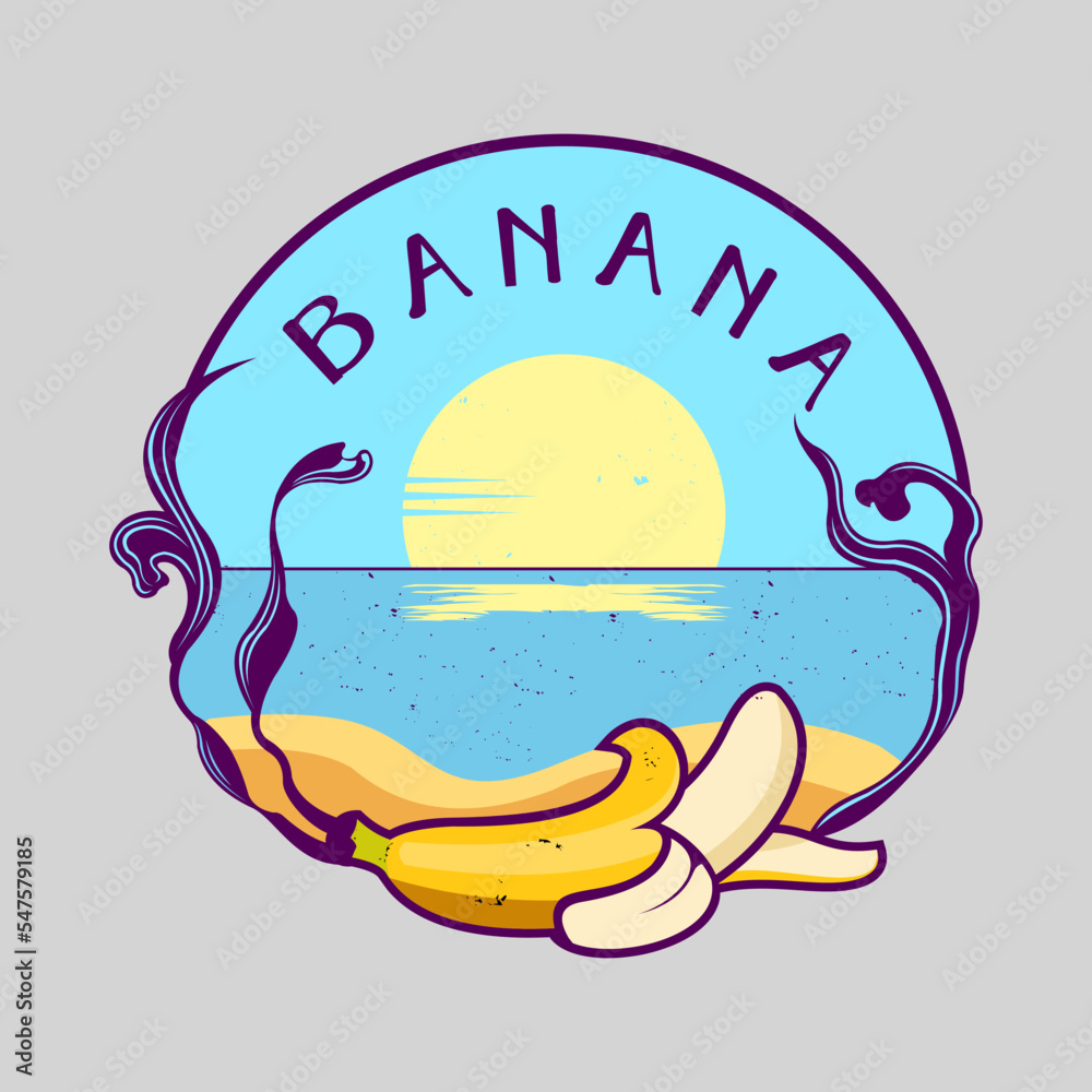 Fototapeta premium Beach scene simple illustration logo with banana