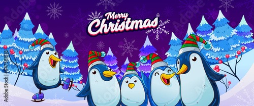 Christmas illustration with penguins and snow background.