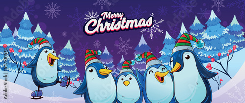 Christmas illustration with penguins and snow background.