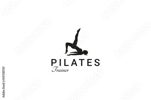 Pilates Woman Silhouette, Girl With Beauty Body And Facial Hair In Gym Logo Design
