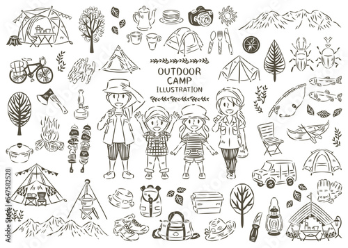 夏のアウトドア レジャー キャンプ 家族 アイコン イラストセット 線画