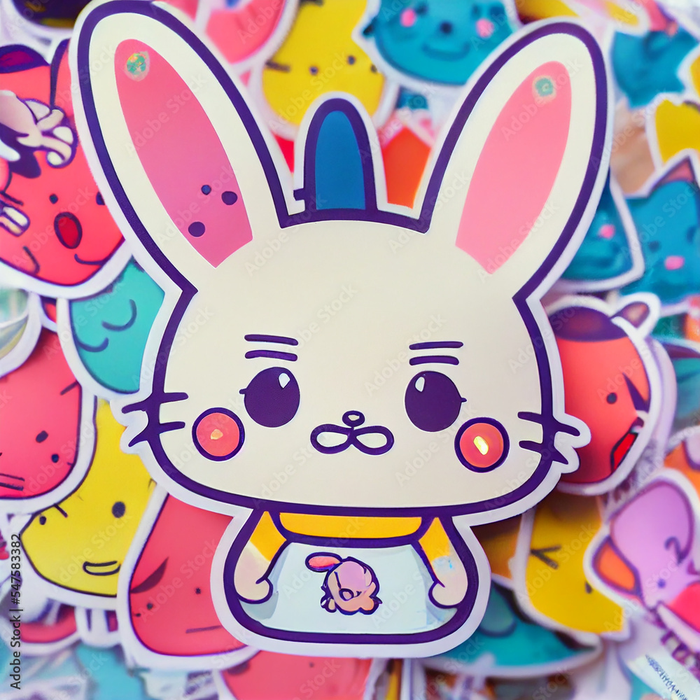 sticker design of cute chibi colourful bunny in style Stock ...