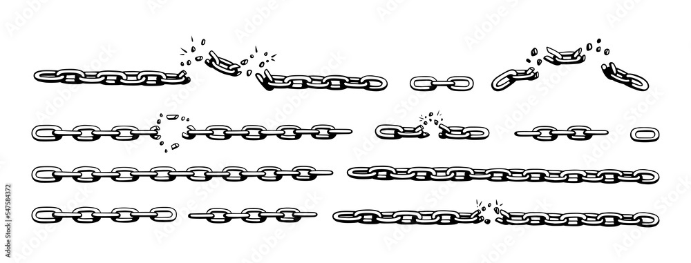 Broken chain with shatters as symbol of strength and freedom. Sketch of metal chains. Vector illustration isolated in white background