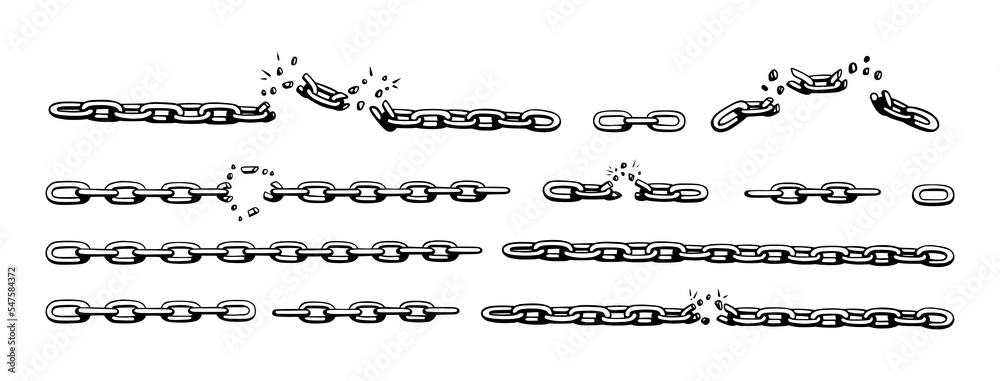 Broken chain with shatters as symbol of strength and freedom. Sketch of metal chains. Vector illustration isolated in white background Broken chain with shatters as symbol of strength and freedom. Sketch of metal chains. Vector illustration isolated in white background