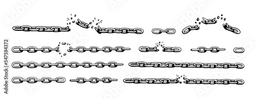 Broken chain with shatters as symbol of strength and freedom. Sketch of metal chains. Vector illustration isolated in white background