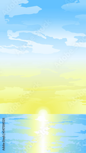 Ocean sunrise or sunset vector illustration. Bright yellow sunshine over the ocean for graphic, wallpaper, resources, business, design or decoration.  Yellow sunset or sunrise over the sea vector