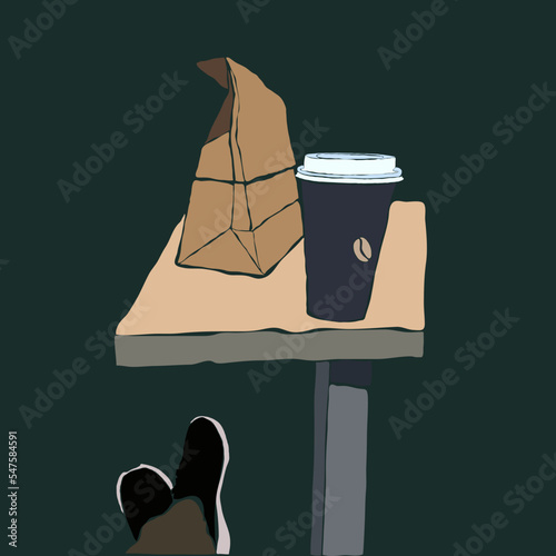 There is a fragrant coffee and a takeaway bag on the table, the author's feet in sneakers are visible under the table.
