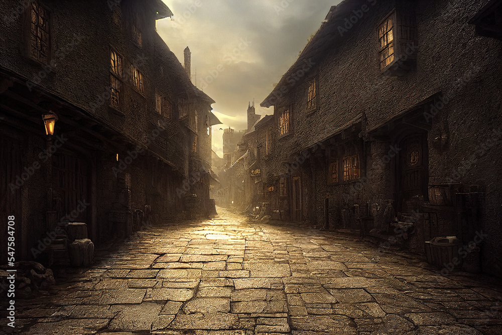 A beautiful fantasy matte painting of an alley in a Tolkien-like village. 