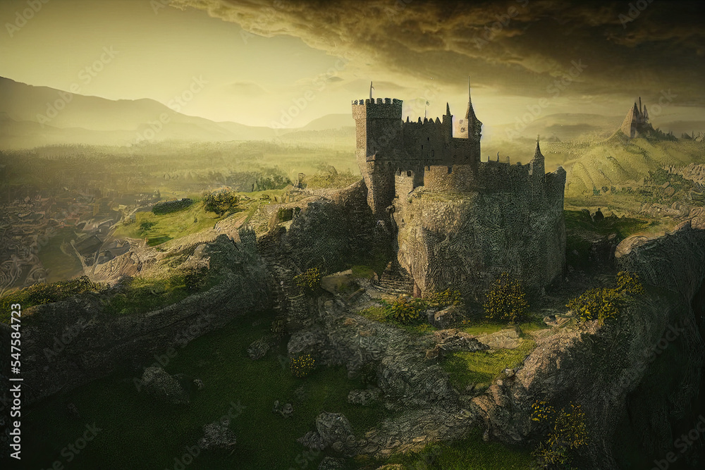 A gorgeous fantasy matte painting of a landscape with a medieval looking castle in the distance.