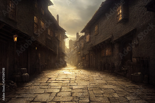 A beautiful fantasy matte painting of an alley in a Tolkien-like village. 