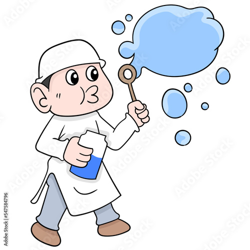 Vector design of a boy having fun playing soap bubble against white background