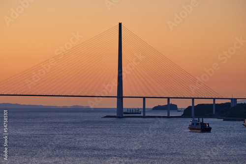 Suspended cable-stayed bridge from the mainland of the Far Eastern city to the Russian Island. The ships are in the roadstead in the Eastern Bosphorus Strait. Vladivostok, Russia.