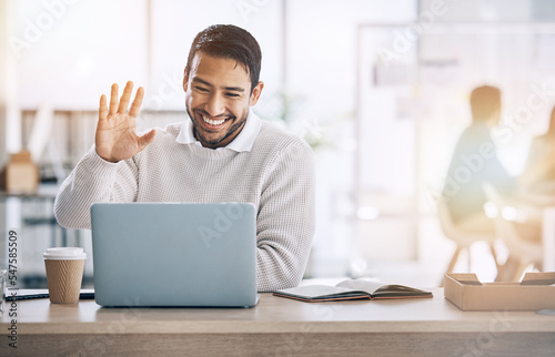 Businessman, video call and laptop, wave hello and virtual meeting, global consulting or internet planning in startup company. Happy worker greeting for online meeting, zoom call and computer webinar