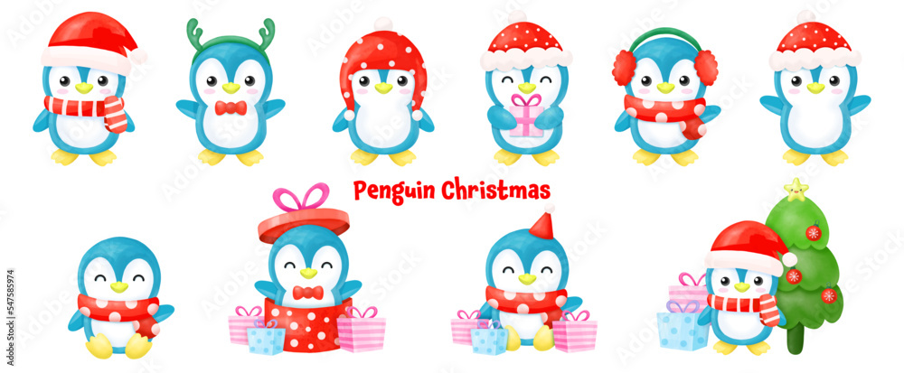 Penguin christmas Watercolor Clipart, merry christmas