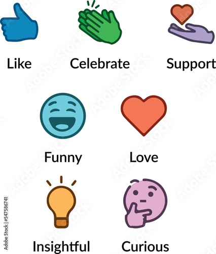 New Linked In Reactions. Social Network icon set. Like, celebrate, support, funny, love, insightful, curious, linkedin, linked in photo