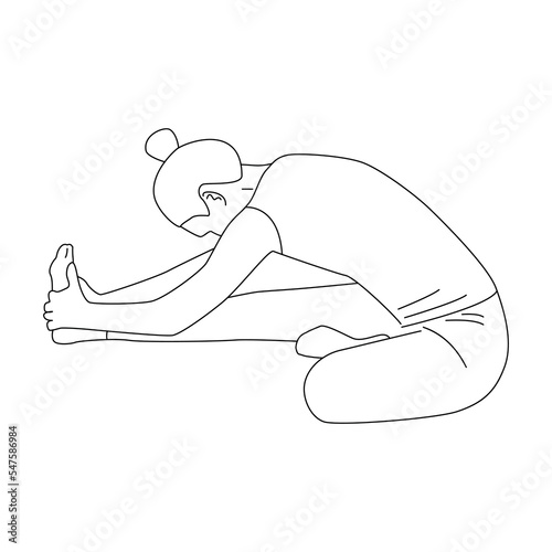 Line art of woman doing Yoga in one leg forward fold pose vector. Girl sitting on the floor and stretching her right leg.