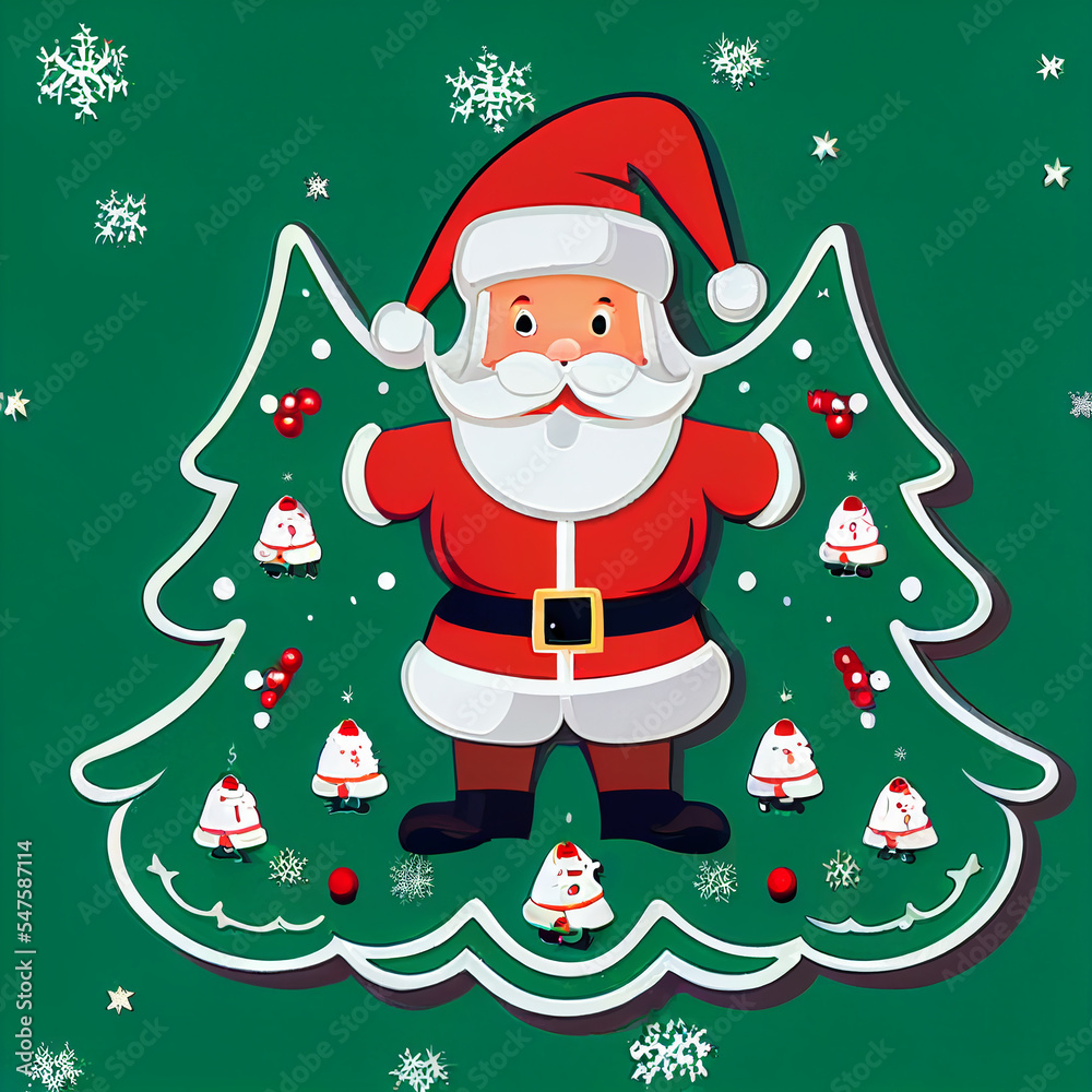 Cute sticker with christmas tree and santa claus