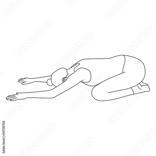 Line art of woman doing yoga in child pose vector.