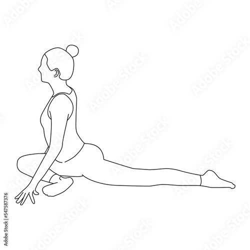 Line art of woman doing yoga in pigeon pose vector.