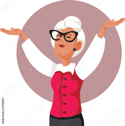 Happy Senior Woman Raising her Hands with Joy Vector Cartoon. Cheerful granny feeling positive and optimistic
