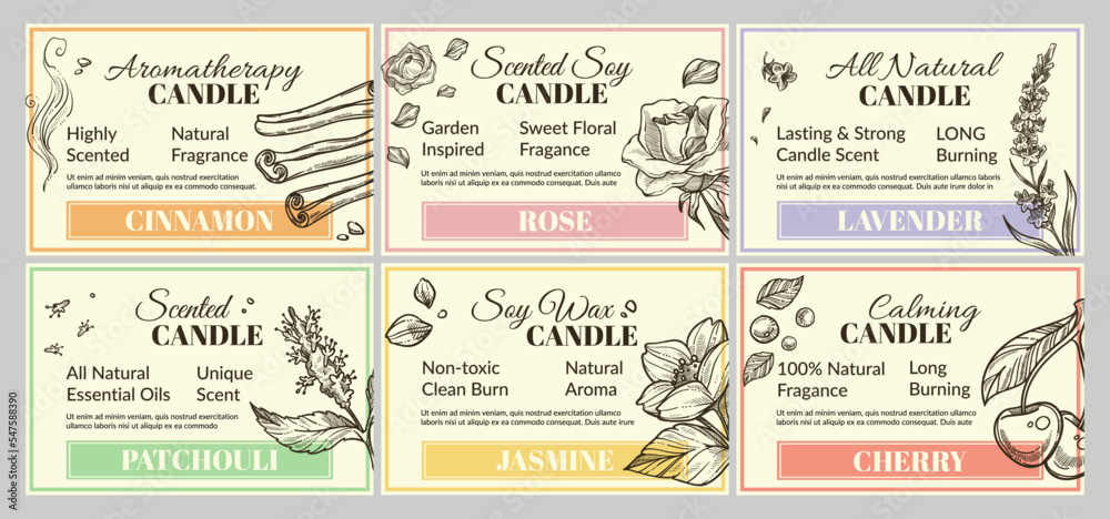 Scented candle packaging design, product label set