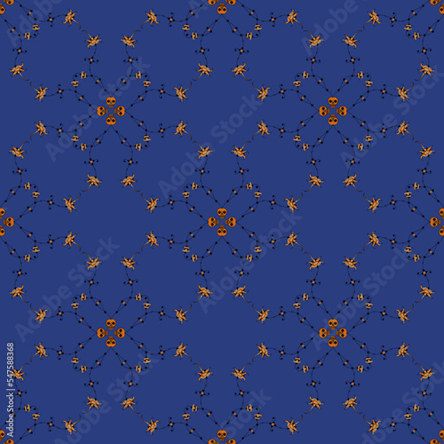Seamless pattern with  Dia de los muertos motifs. Beautiful vines sprouting from human skulls. Symbol of life, death and resurrection. Day of the Dead design. On blue background.