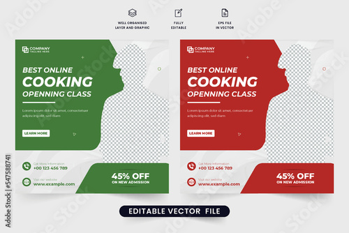 Modern chef training class social media promotion template. Cooking class promotional web banner for the culinary training center. Online cooking class social media posts with red and green colors.