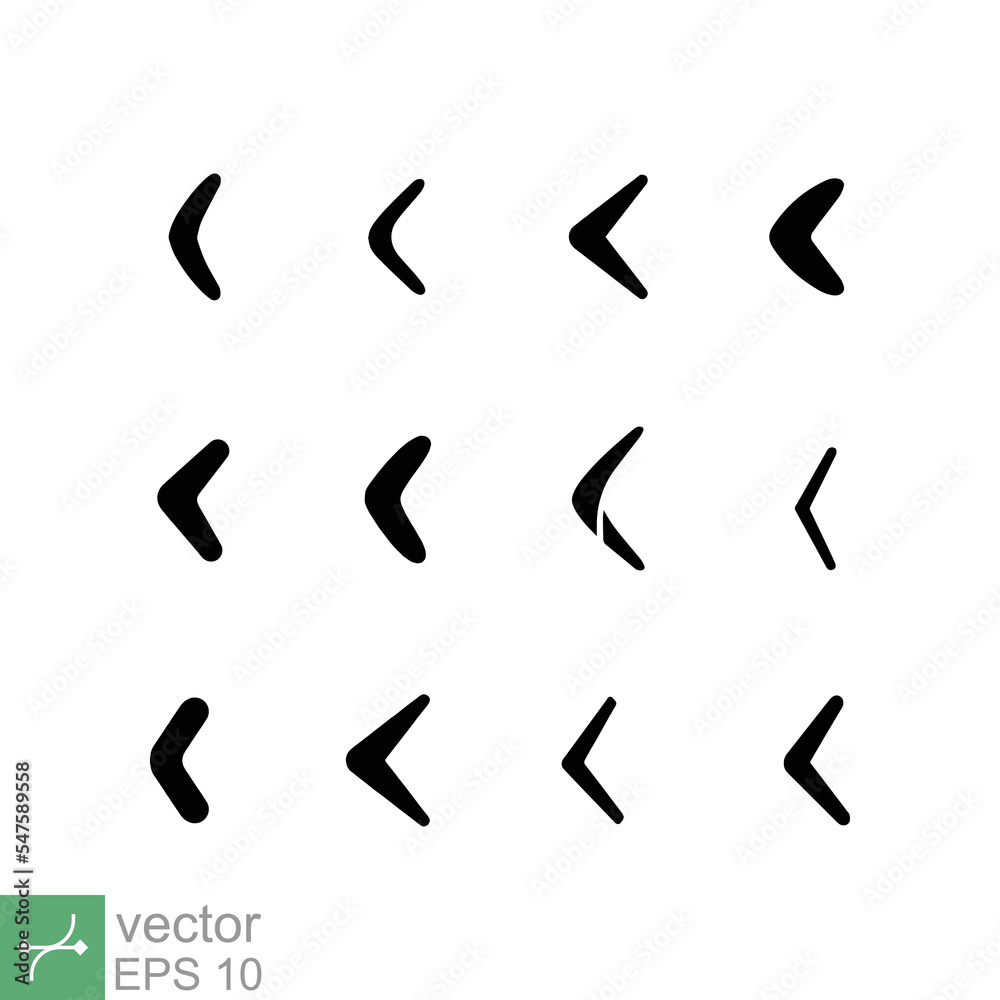 Boomerang icon set. Simple solid style. Silhouette karma, wood, sport concept. Glyph vector illustration isolated on white background. EPS 10. Boomerang icon set. Simple solid style. Silhouette karma, wood, sport concept. Glyph vector illustration isolated on white background. EPS 10.