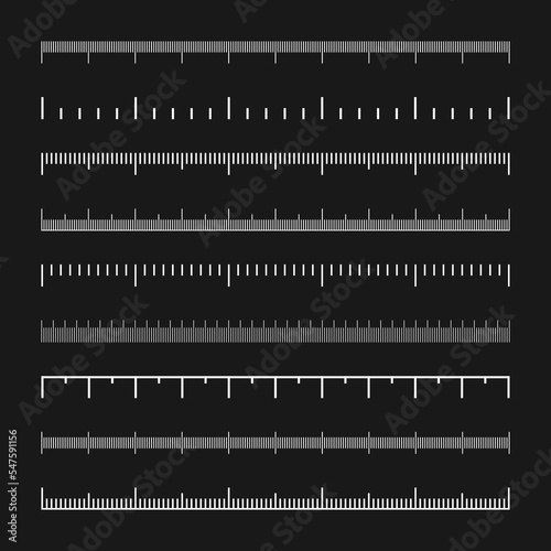 Various measurement scales with divisions. Realistic white scale for measuring length or height in centimeters, millimeters or inches. Ruler, tape measure marks, size indicators. Vector illustration