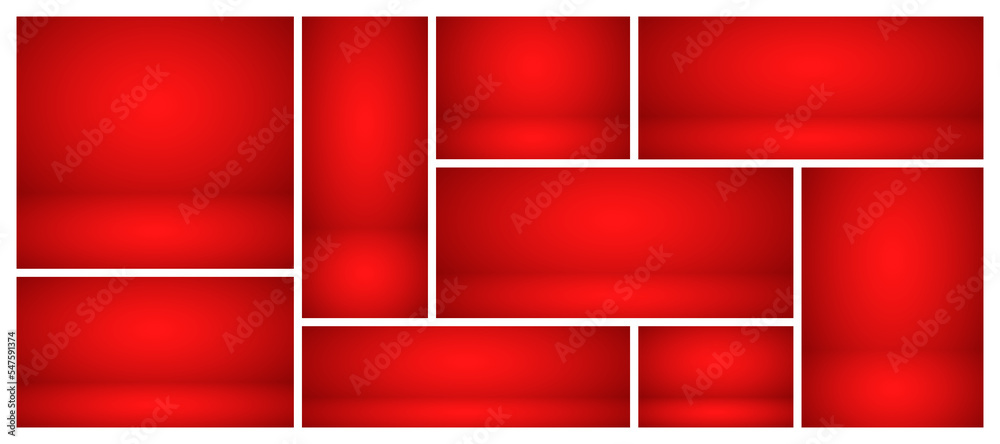 Obraz premium Empty red studio abstract backgrounds with spotlight effect. Product showcase backdrop. Stage lighting. Vector illustration