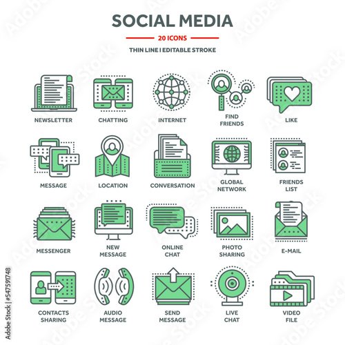 Communication, social media and online chatting. SMS, phone call, messaging in smartphone messenger application. Computing, email web services support. Thin line icons set. Vector illustration